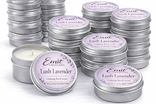 Emit Creations Lush Lavender candles in metal tins on a white background