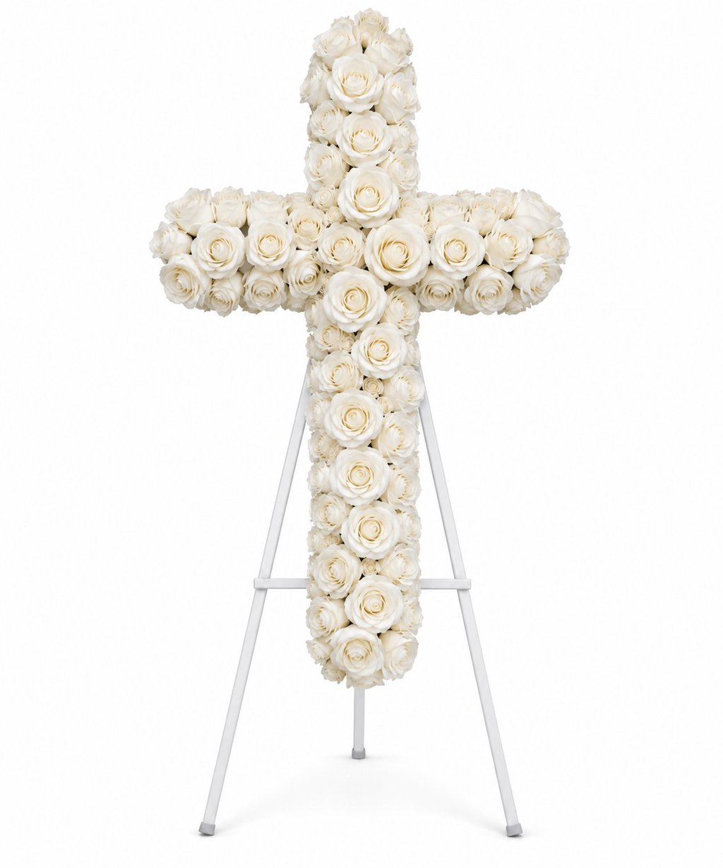 ✝️ 30" White Rose Memorial Cross – Artificial Floral Arrangement