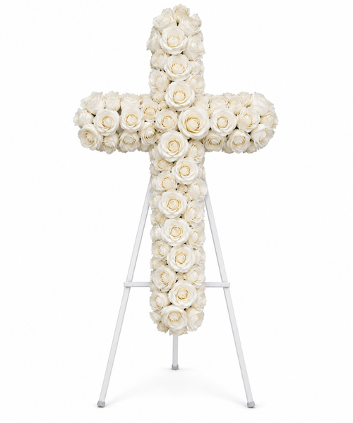 ✝️ 30" White Rose Memorial Cross – Artificial Floral Arrangement