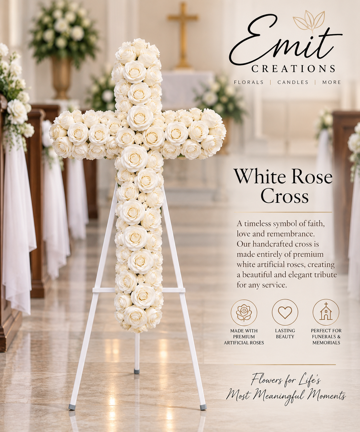 ✝️ 30" White Rose Memorial Cross – Artificial Floral Arrangement