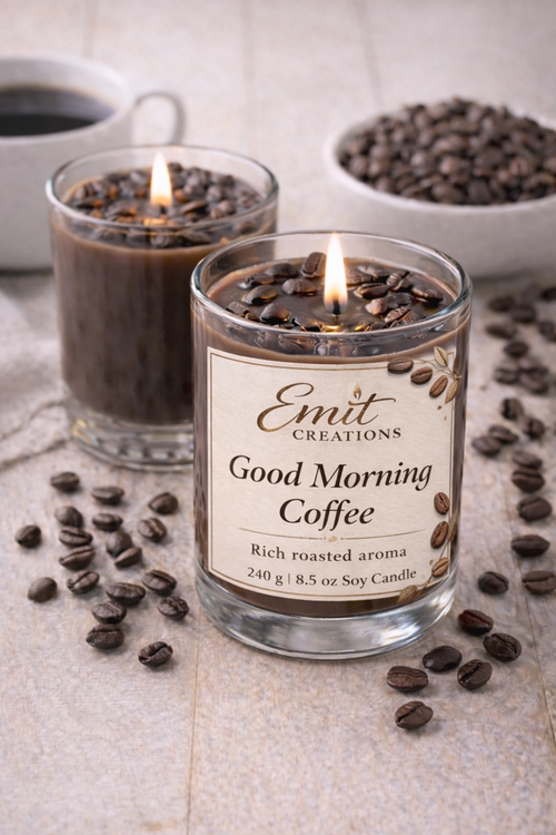 Candle labeled 'Good Morning Coffee' from Emit Creations with coffee beans around on a light surface.