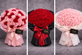 Three bouquets of roses in pink, red, and a mix of both, with 'Emil' branding on gray backgrounds.