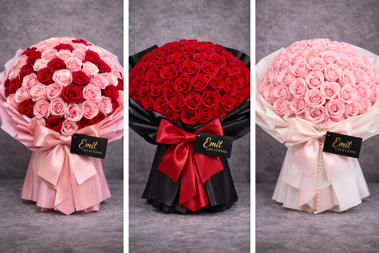 Three bouquets of roses in pink, red, and a mix of both, with 'Emil' branding on gray backgrounds.