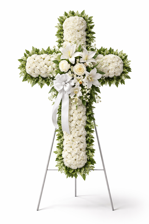 Floral cross arrangement on a stand with white flowers and greenery