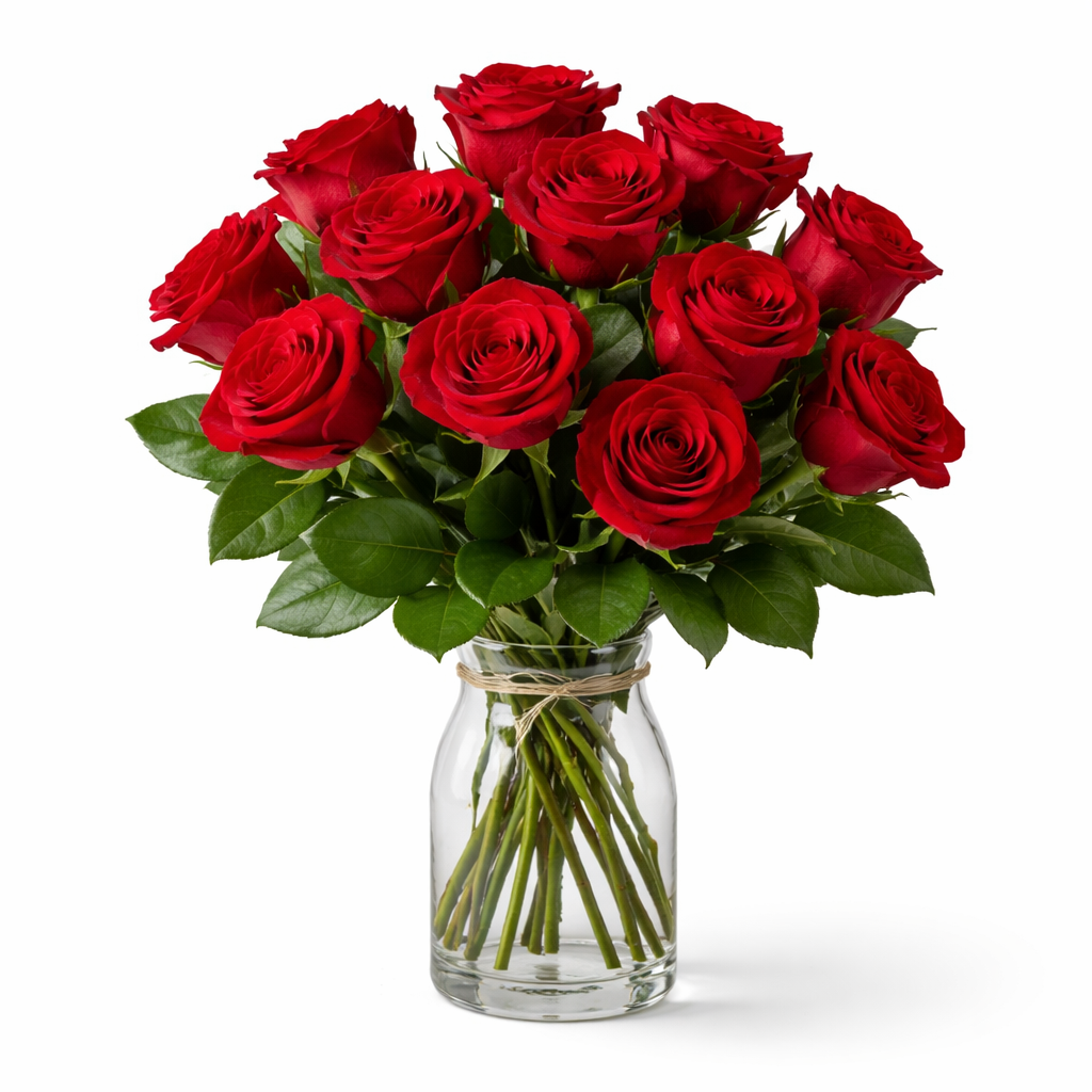 Bouquet of red roses in a clear glass vase on a white background