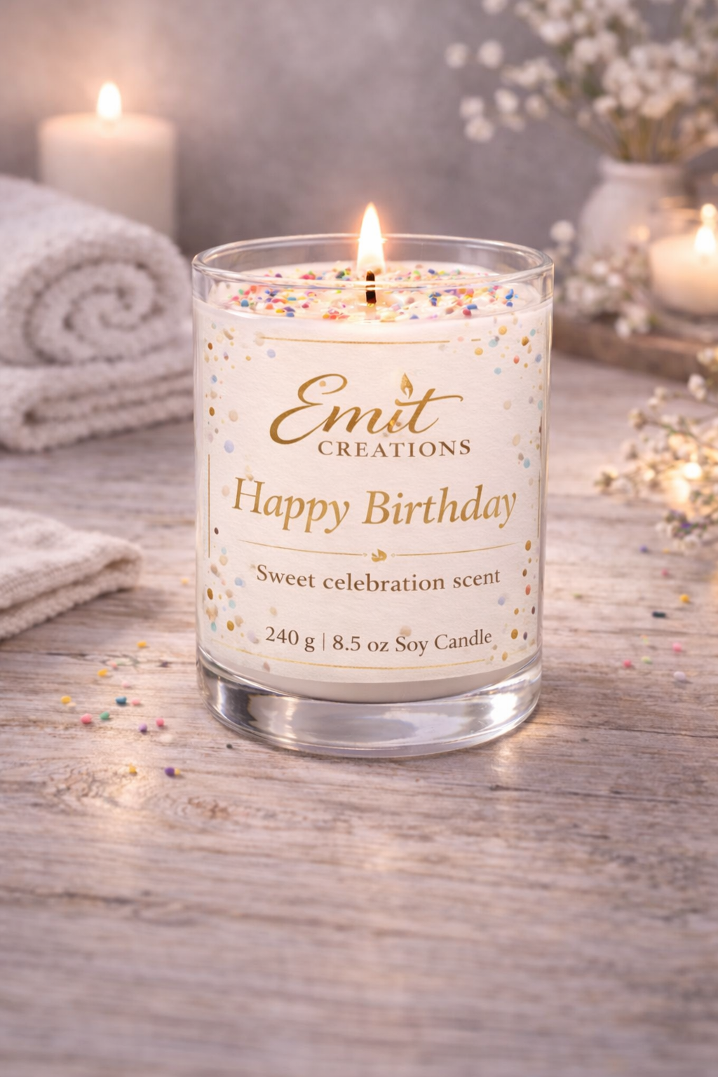 Lit birthday candle with 'Emite Creations' branding on a wooden surface.