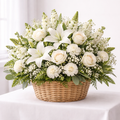 Bouquet of white flowers in a woven basket on a white background