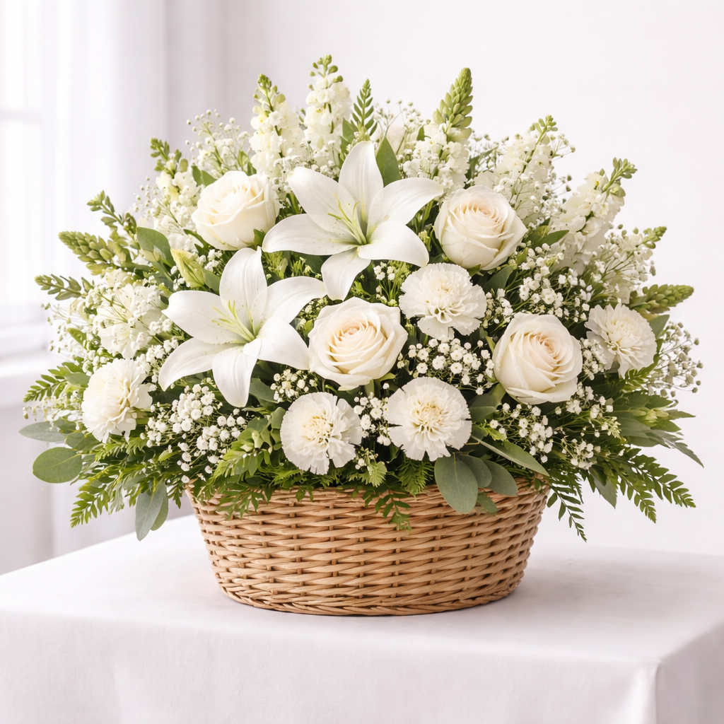 Bouquet of white flowers in a woven basket on a white background