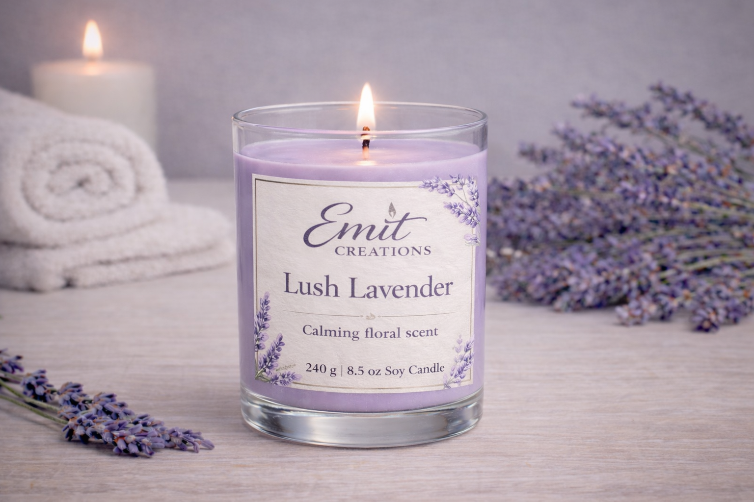 Lavender candle with 'Emit Creations' label on a wooden surface with lavender flowers and a towel.